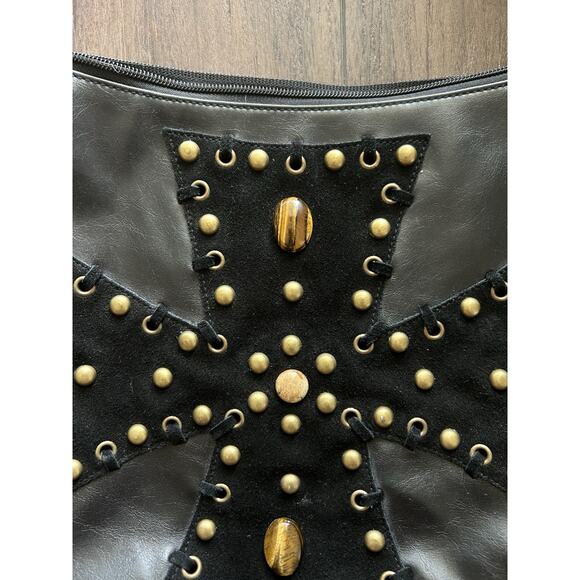 Y2K Nine West Black Leather Iron Cross Stitched Gold Studded Hobo Grunge Bag - Picture 3 of 9